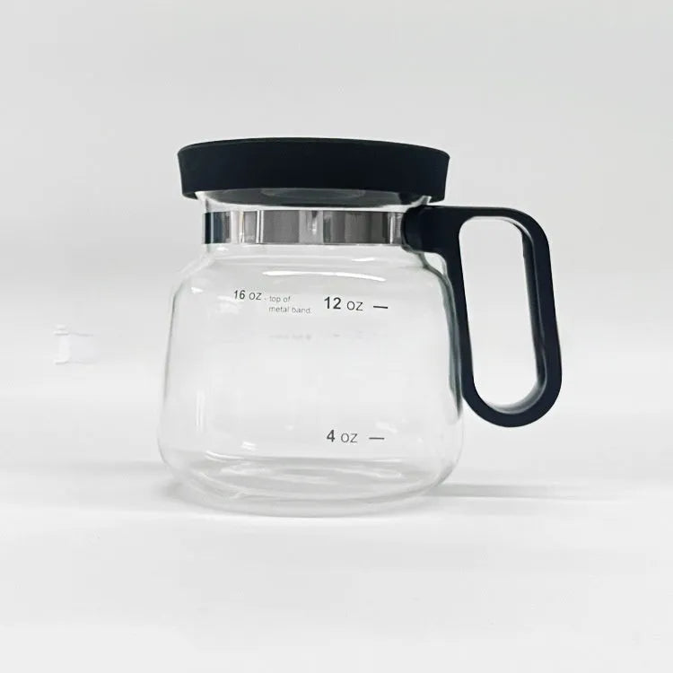 Transparent borosilicate glass coffee maker with a black silicone cover, showing 355-473 ml capacity.
