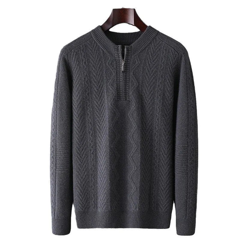 Men's diamond lattice pattern half-zip wool sweater in light camel colour showing front view