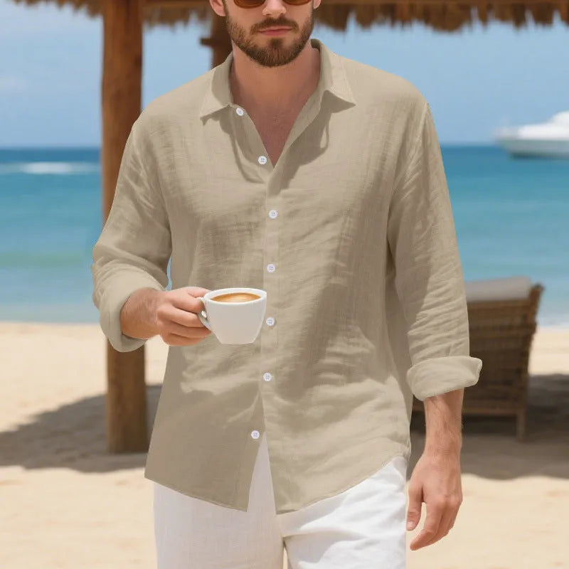 Linen American-style casual shirt in loose fit with non-ironing process