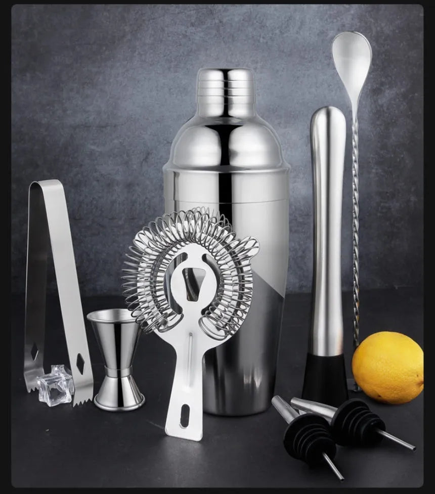 European style 23-piece stainless steel cocktail set with bartending tools on home bar