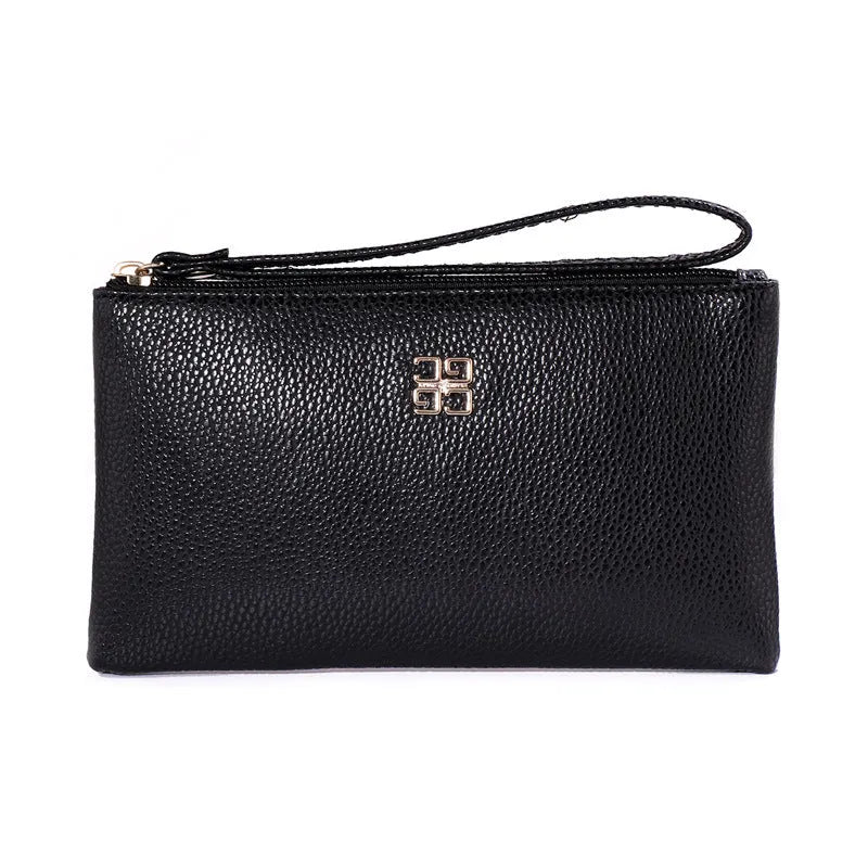 Long black PU leather phone wallet handbag with a zipper and sewing line detailing