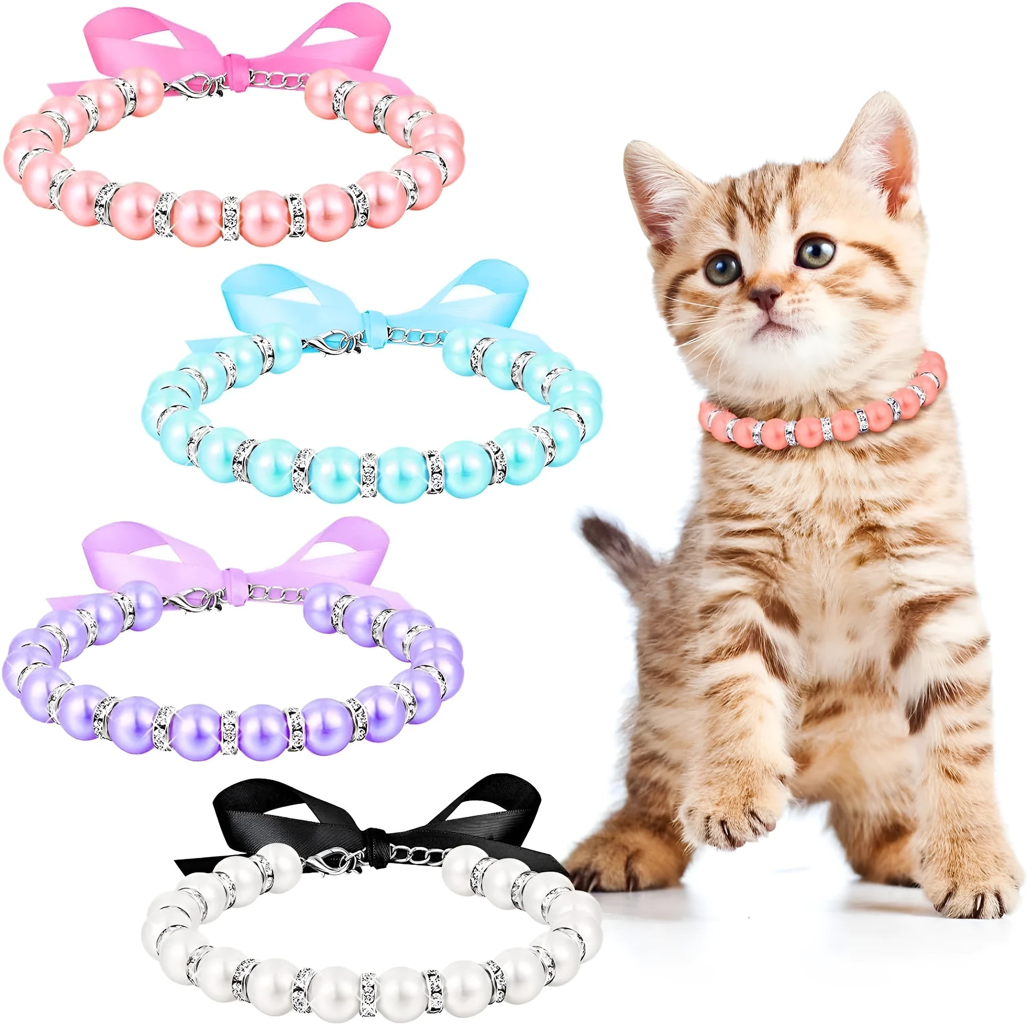 Small dog wearing an adjustable blue pearl and rhinestone necklace with a ribbon bow.