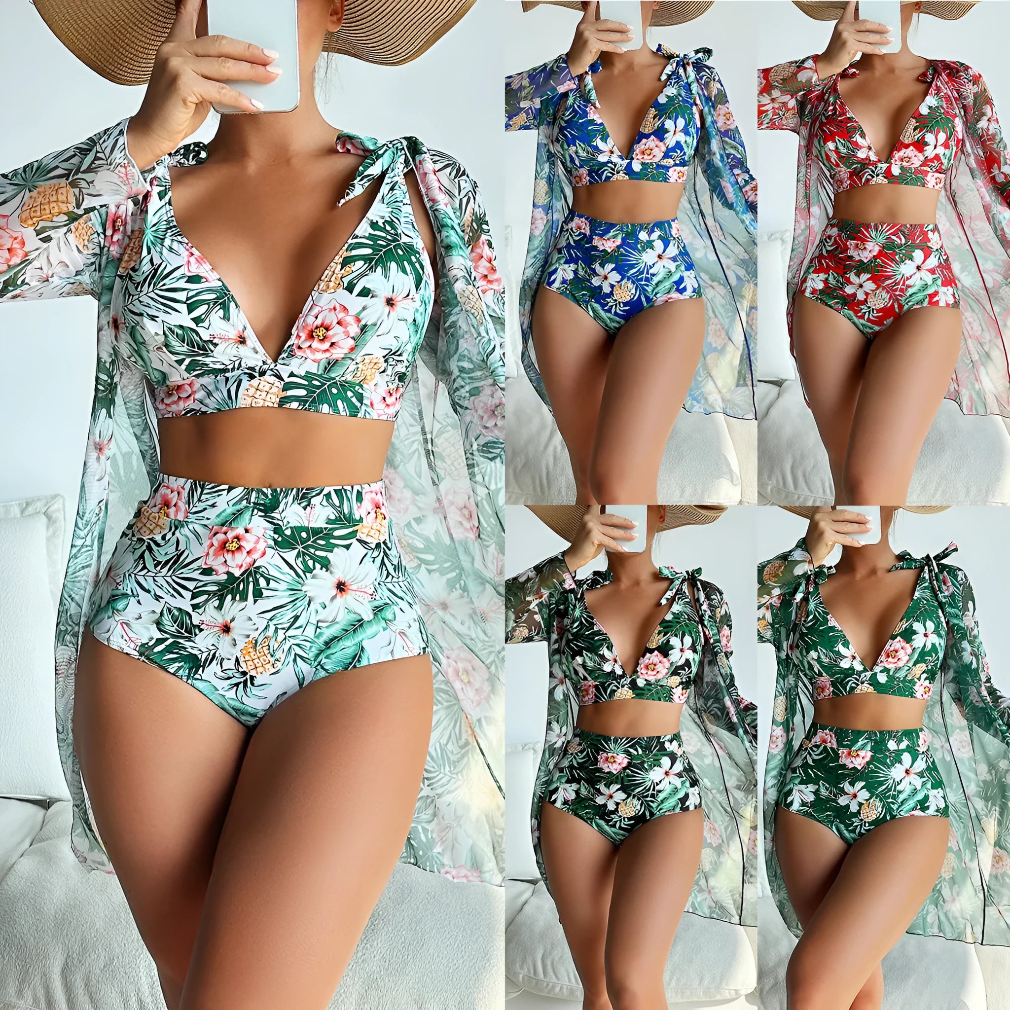 Women's multicolour printed bikini swimsuit three-piece set with bra, shorts, and sunscreen shirt.