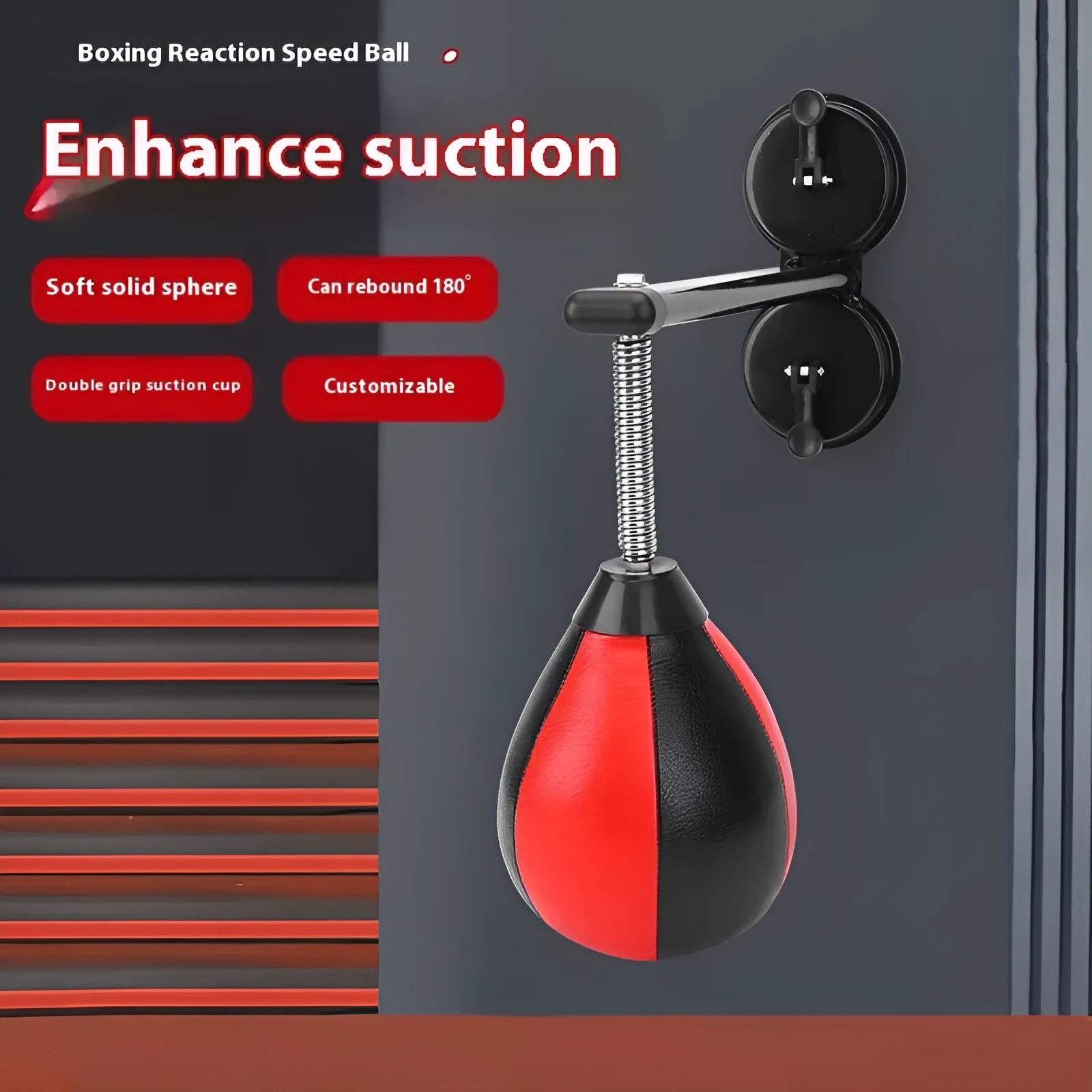 Pear-shaped black PU boxing reaction ball mounted on a wall with double suction cups for home training.