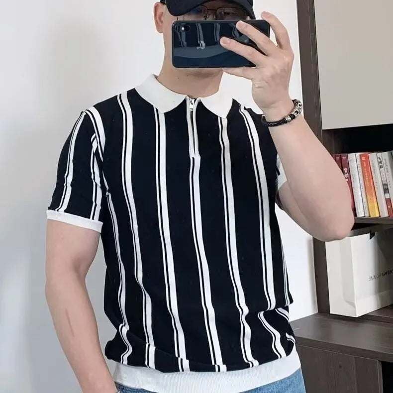 Korean vintage stripe men's casual T-shirt with zip-up front and cartoon pattern in black colour