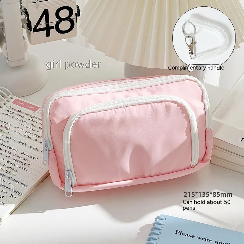 Double layer pencil case in solid colour with gift handle for stationery storage