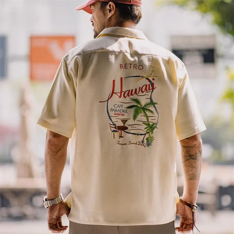 Men's light apricot short sleeve shirt with bamboo pattern and Cuban collar