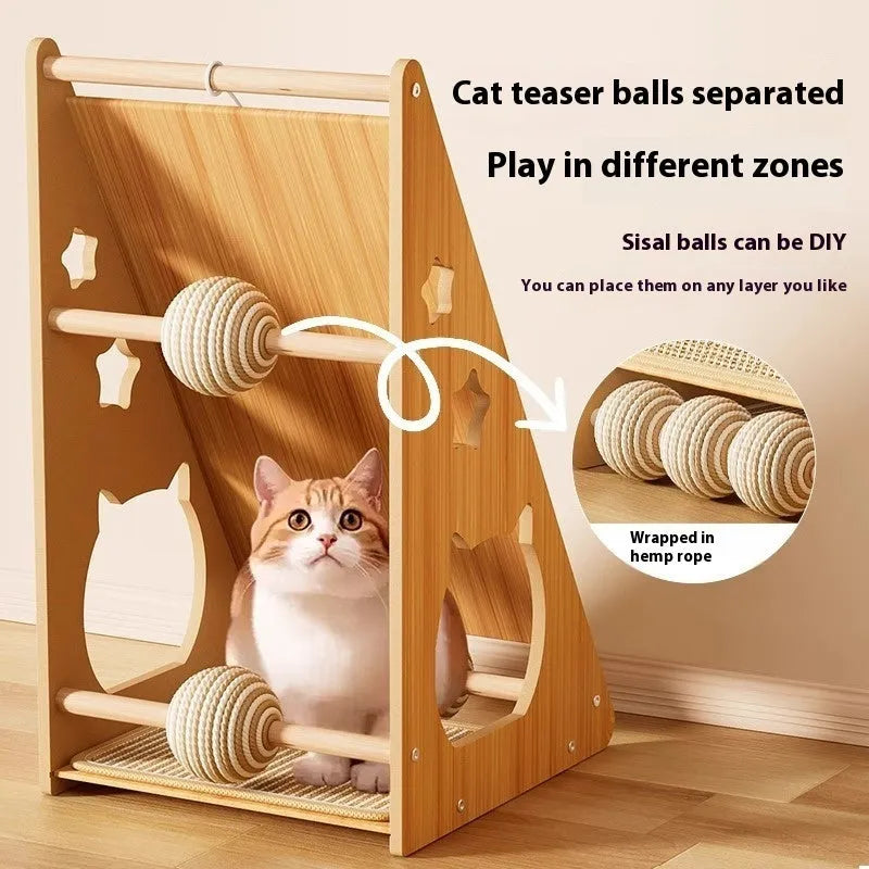 Vertical cat scratch board with sisal surface and cat teasing ball hanging from hemp rope