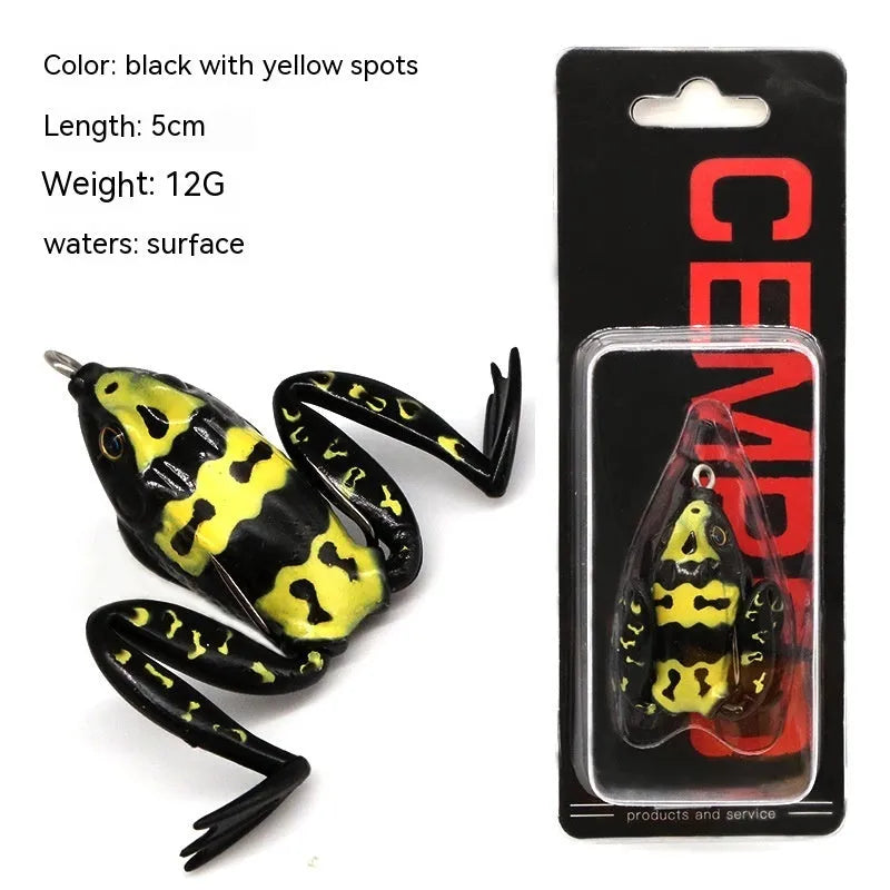 Bionic frog and snake head fishing lure with black thunder frog legs on a double hook