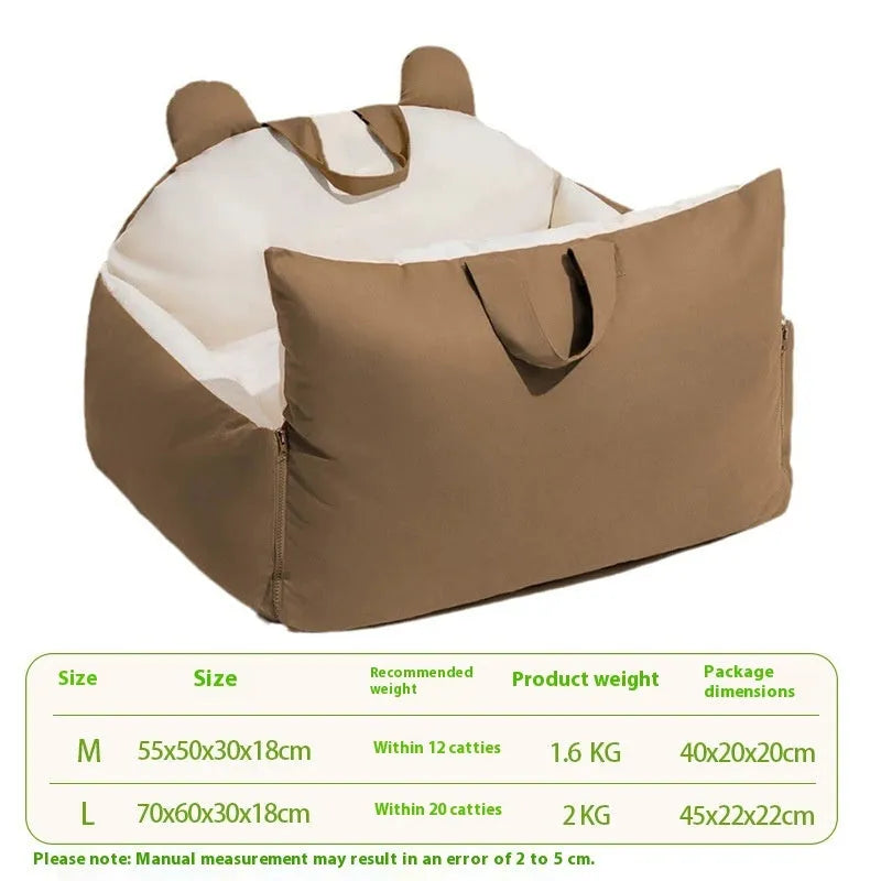 Four Seasons removable washable dog car kennel in beige, shown in size L dimensions 70x60x30cm.