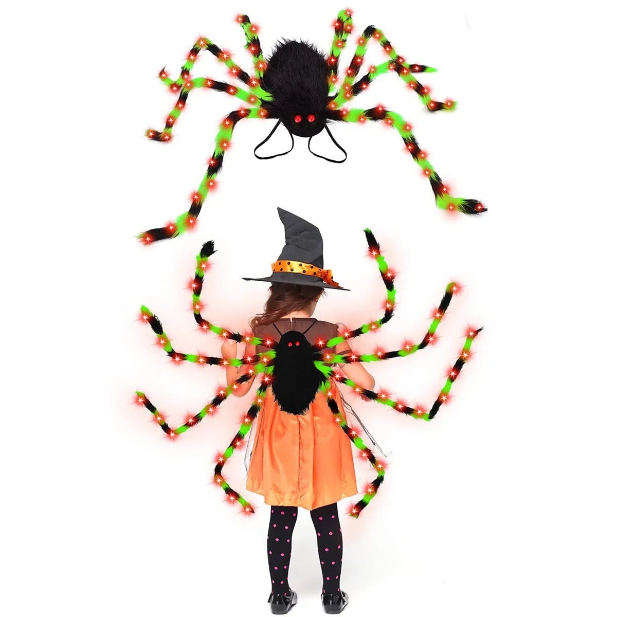 Halloween plush spider backpack with purple LED lights in one of five colour options.