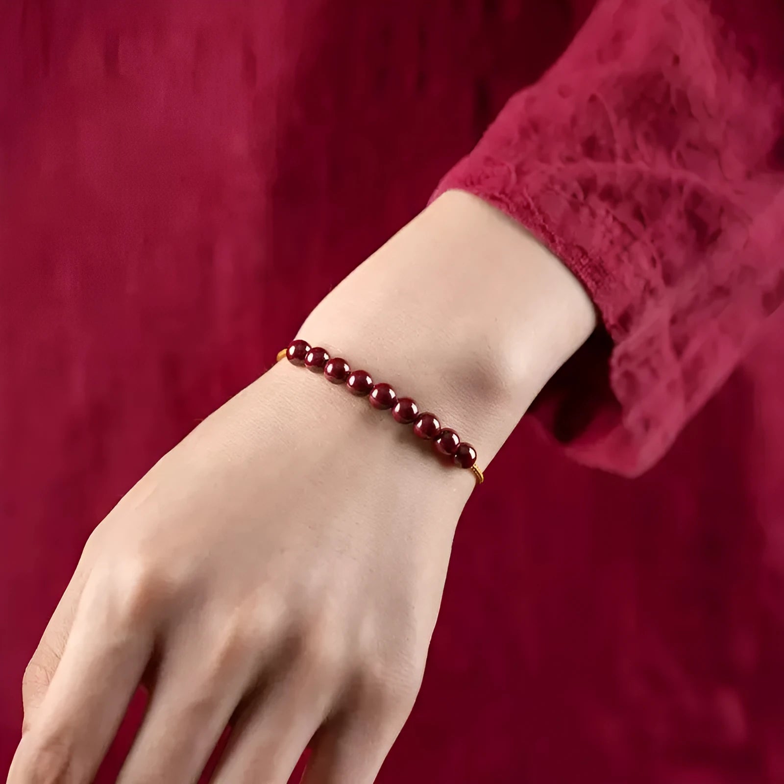 Hand-woven raw ore cinnabar bracelet with Hetian jade accents in a geometric design.
