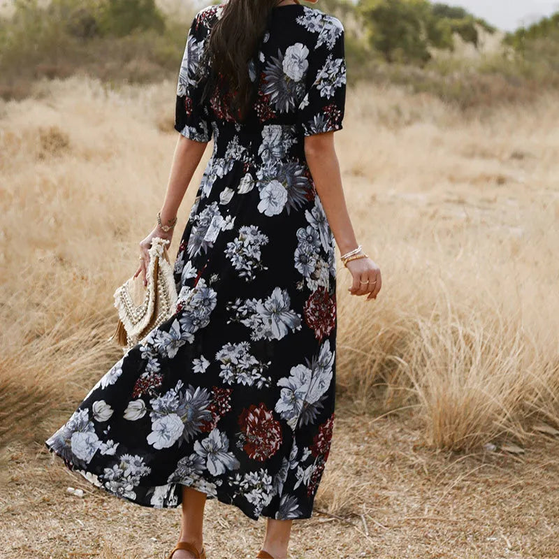 Floral print summer dress with V-neck and elastic high waist in yellow colour