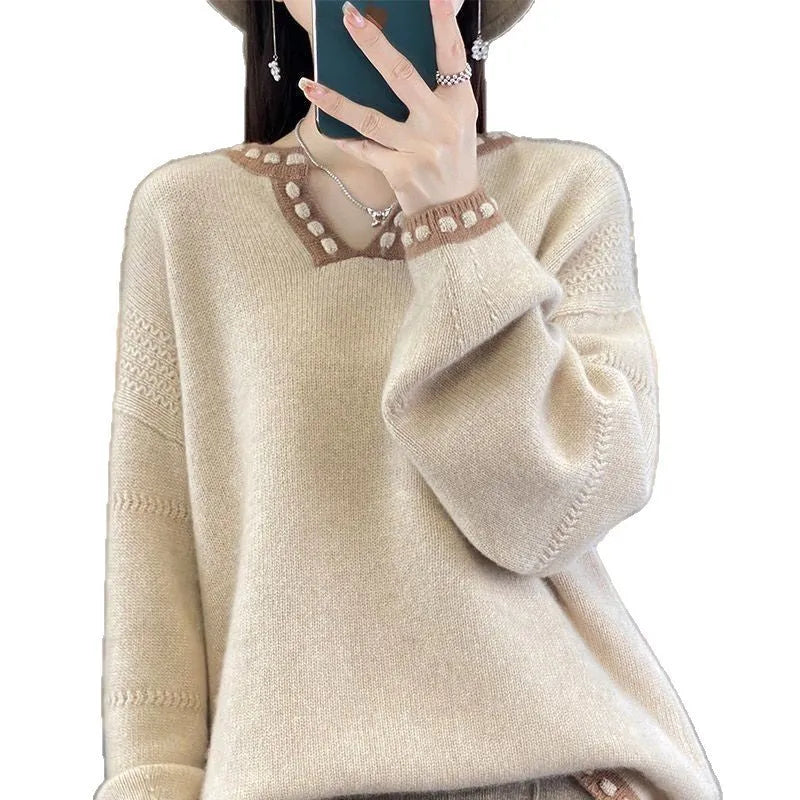Women's camel and white V-neck viscose sweater with long sleeves showing pullover design