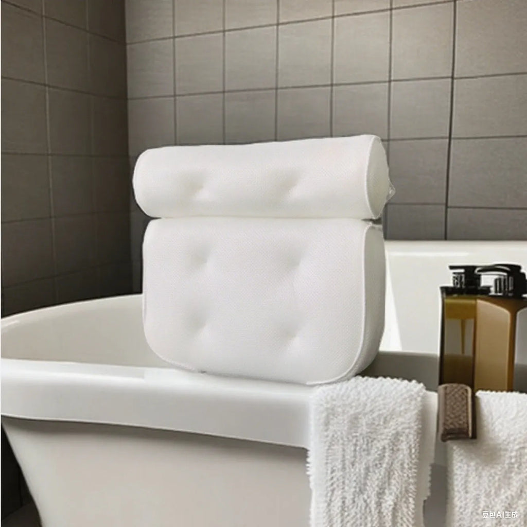 White bathtub pillow with 4D mesh surface and 7 suction cups on back