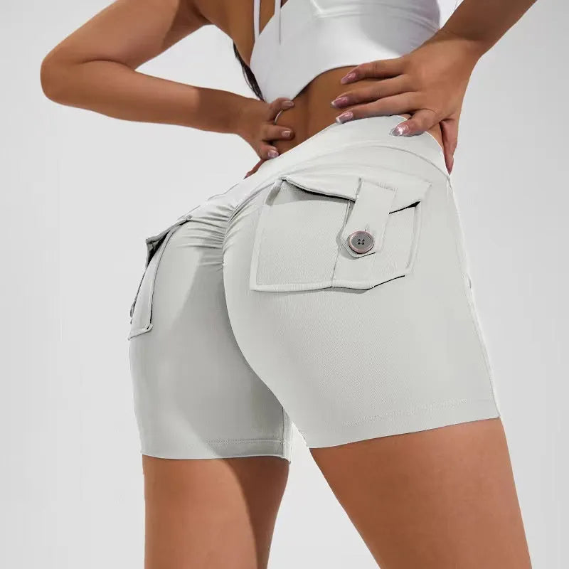 Women's high waist fitness shorts with pockets in avocado green colour for yoga and workouts