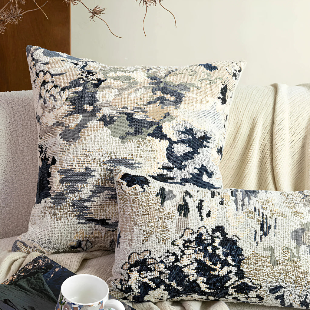 Antique blue wool blend decorative pillow with abstract floral pattern in square and rectangular sizes