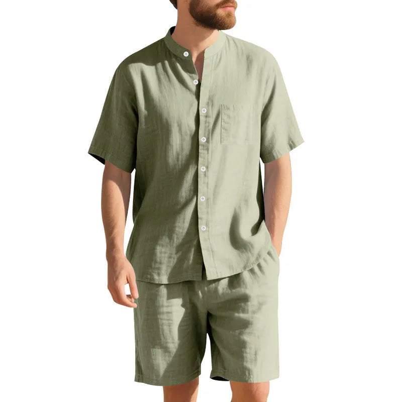Men's light blue short-sleeve linen shirt and matching shorts, a casual two-piece summer suit set.