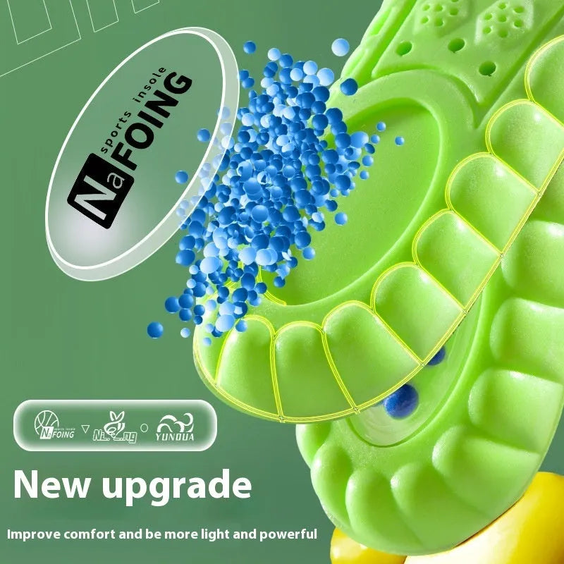 Green PU sports insoles with air cushion design and argy wormwood, shown alongside a size chart.