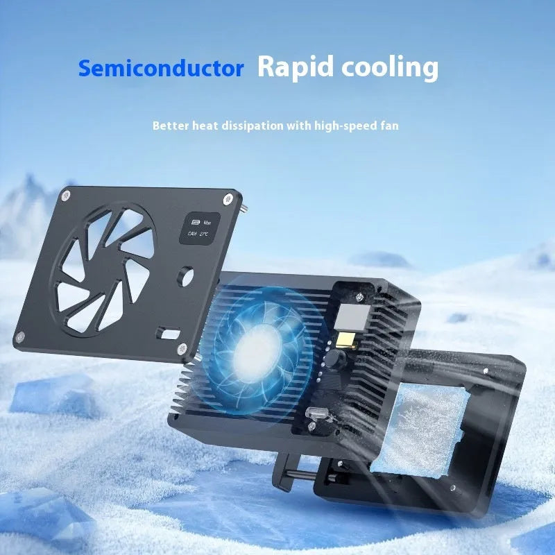 Black aluminium alloy computer cooling radiator with power cord, dimensions 89mm x 52mm x 25.95mm