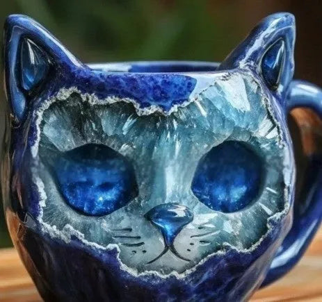 Purple handmade geode crystal cat design resin mug, pastoral style, shown next to a ruler showing 11cm height.