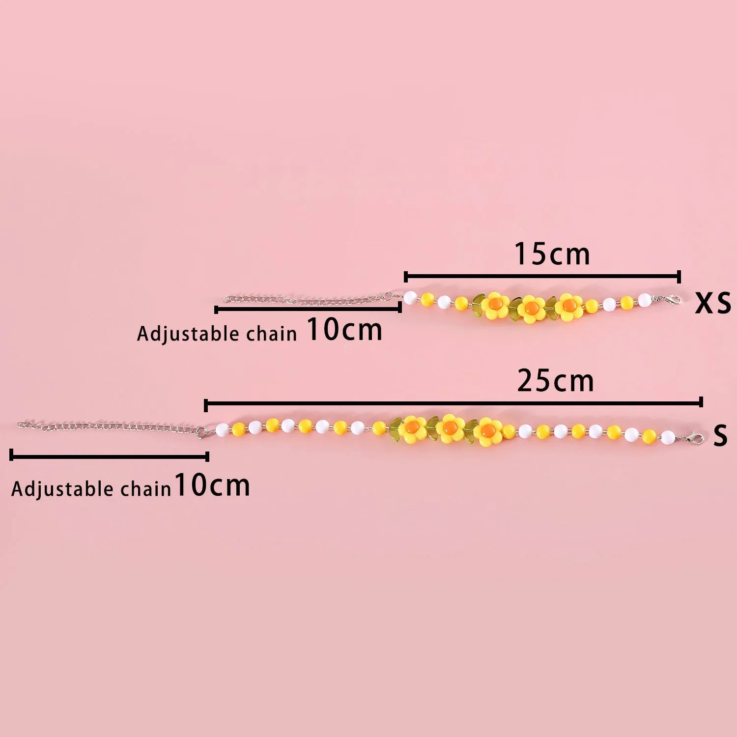 Colourful plastic bead pet necklace in peach, rainbow, or small flower patterns with adjustable sizing.