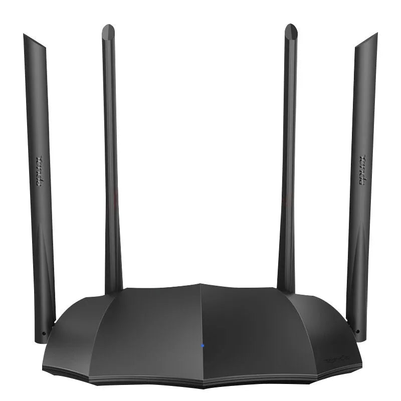 Dual-band wireless router with multiple antennas and gigabit Ethernet ports on the rear panel.