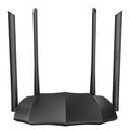 Dual-band wireless router with multiple antennas and gigabit Ethernet ports on the rear panel.
