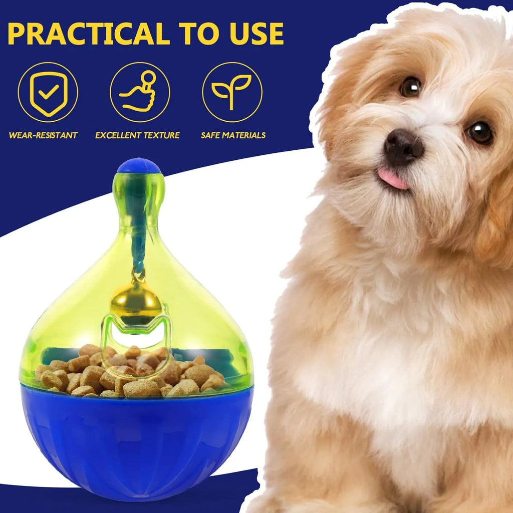 Blue and white durable pet treat dispenser tumbler toy for dogs and cats on a wooden floor.
