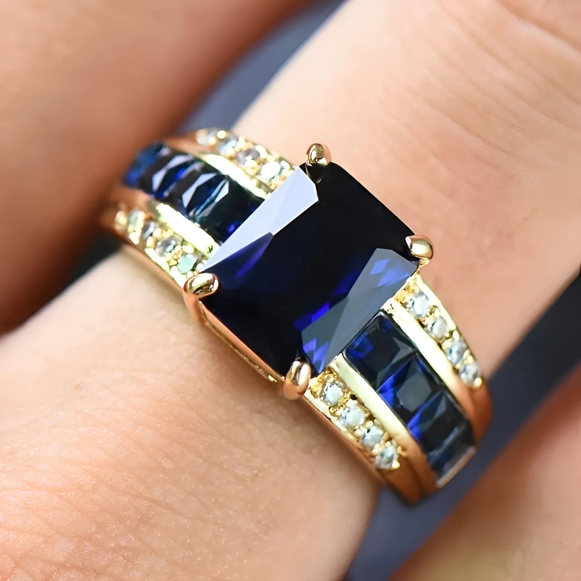 Personalised zinc alloy fashion ring with diamond and blue or purple zircon stone designs.