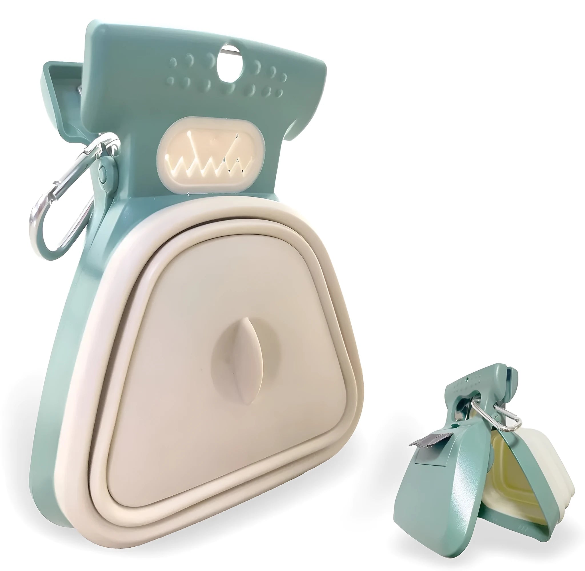 Blue portable dog pooper scooper with clip, bag dispenser, and unfolded waste container.
