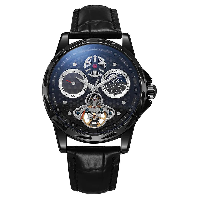Men's automatic waterproof watch with luminous hands and stainless steel case on leather strap