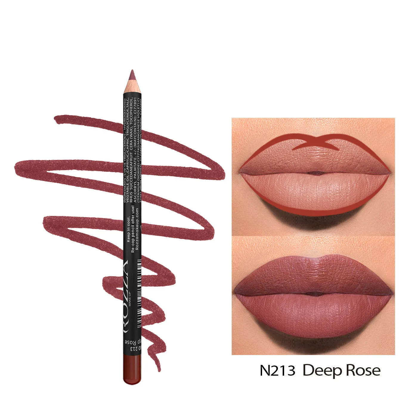 Matte wood lip liner pencil in 14 waterproof shades numbered 201 to 214