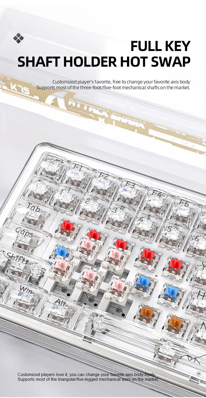 Attack Shark K75RGB wireless mechanical keyboard with transparent black or white PC case and RGB lighting.