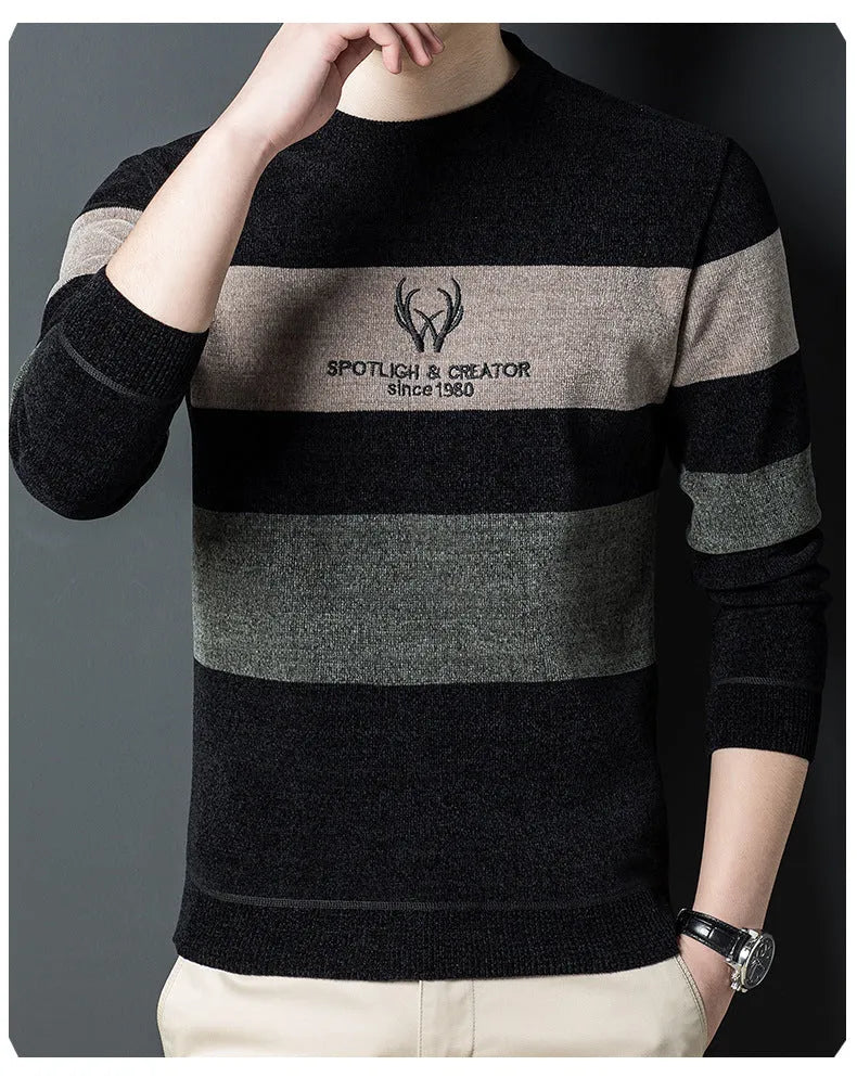 Dusted chenille men's knit sweater pullover in blue with round collar and long sleeves, fleece lined, available in sizes M to 4XL