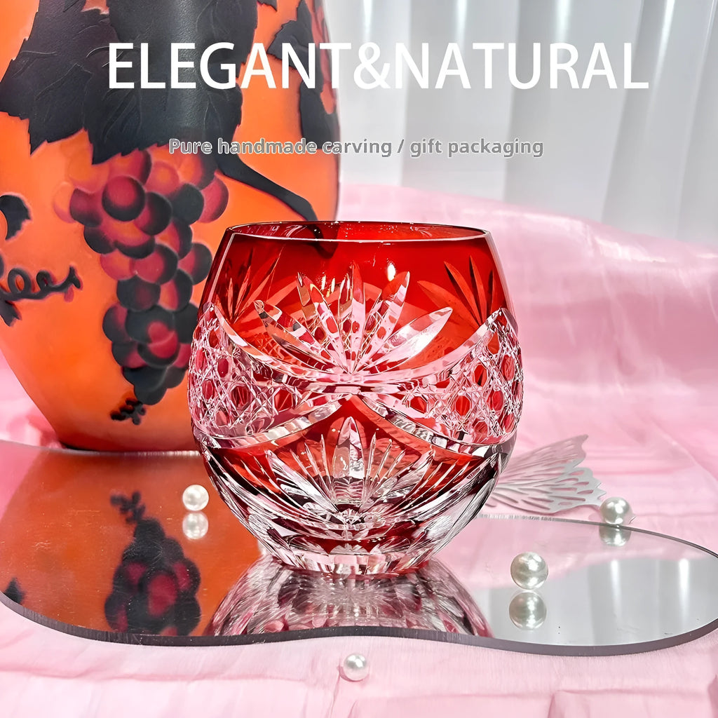 Crystal glass Jianghu Cut Zi Xinglu tumbler in violet with carved pattern on a bar surface