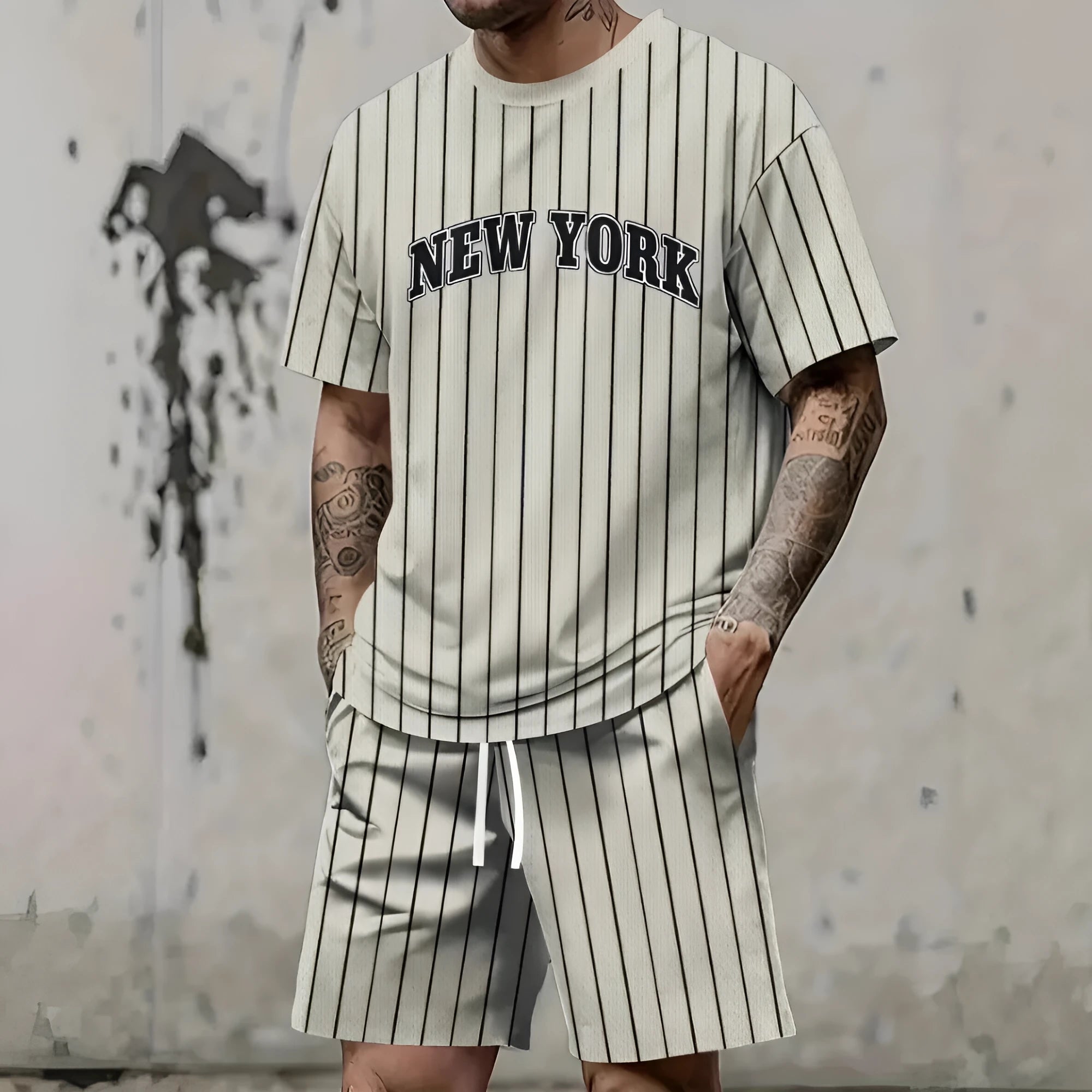 Men's grey 3D printed letter sports suit comprising a short sleeve top and matching shorts