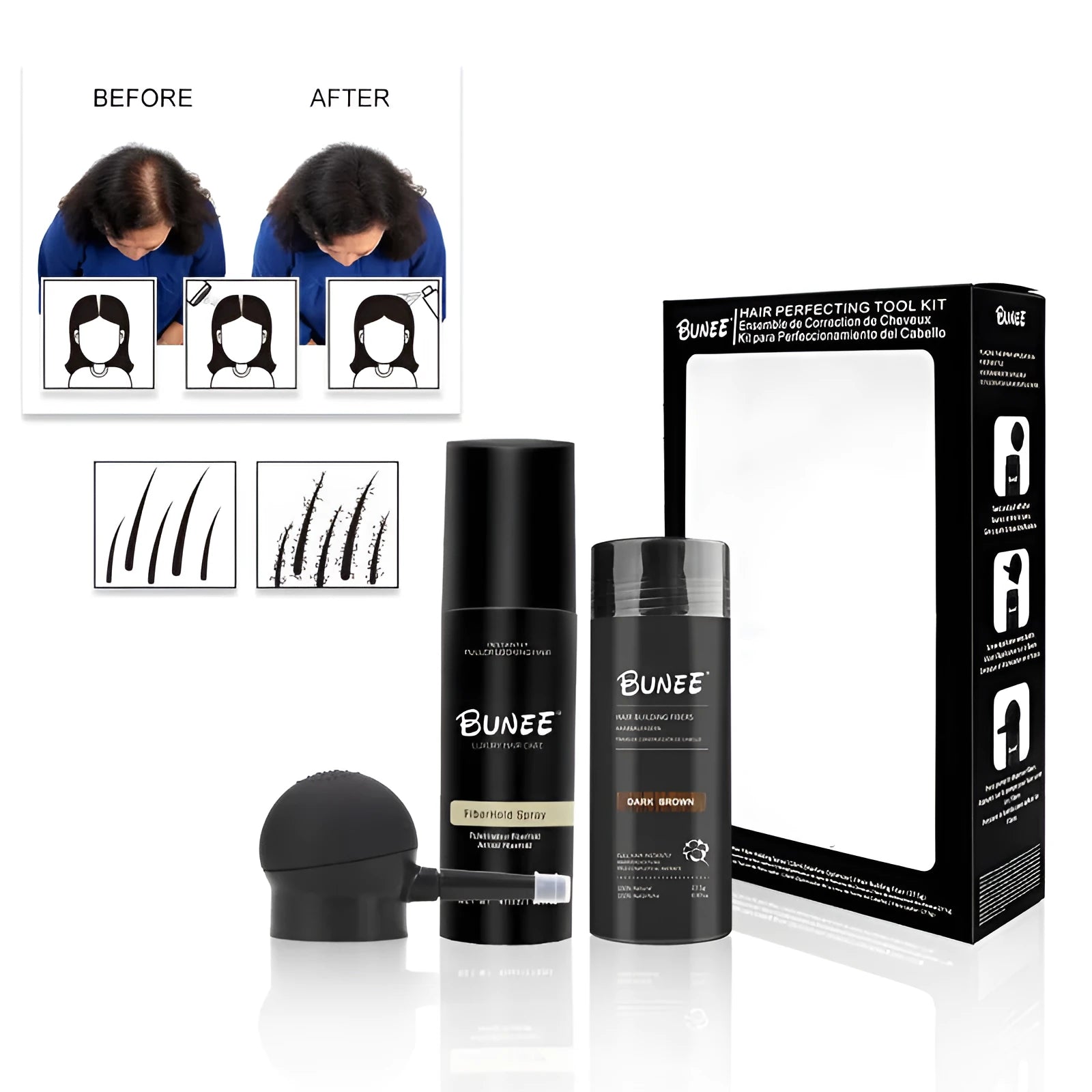 Dense hair fibre powder 275g canister with applicator nozzle and shaping spray bottle for thickening hair
