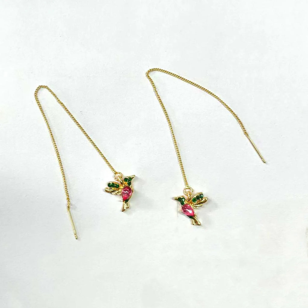 Bird hanging earrings with zirconium wings in long drop style