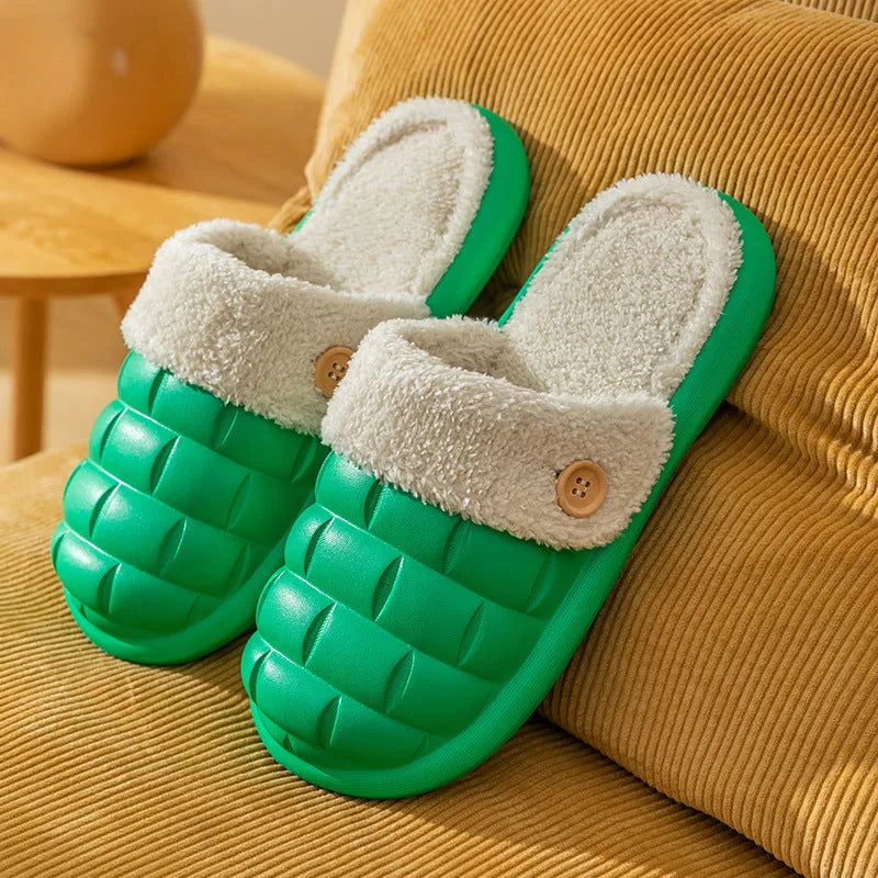 Plaid patterned detachable slippers for women with plush lining and a textured EVA anti-skid sole.