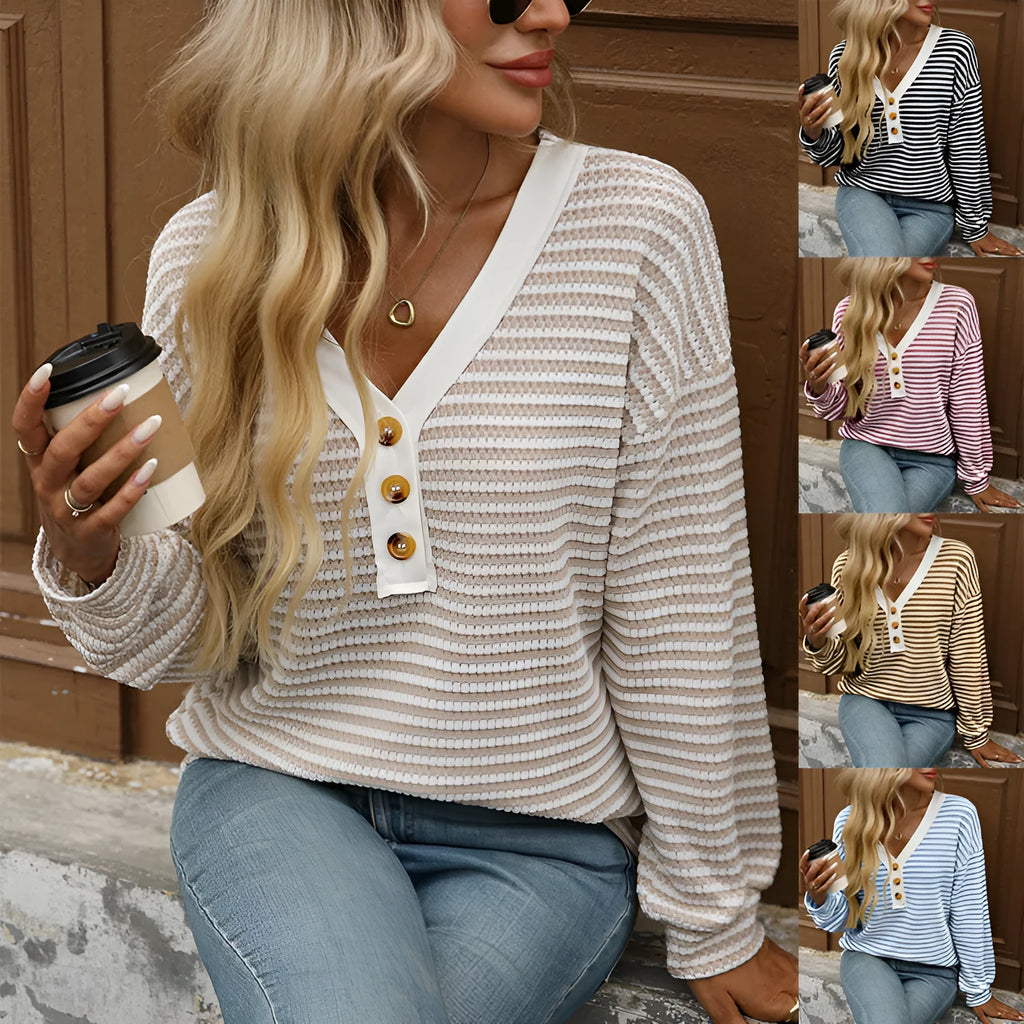 Women's V-neck patchwork pullover top in loose fit street fashion style