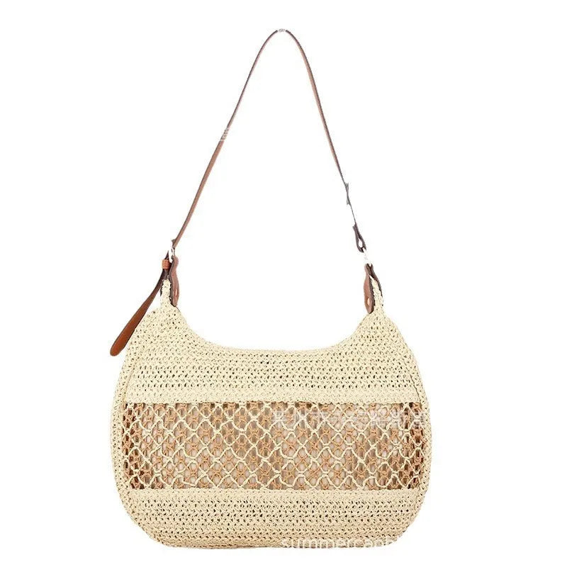 Women's khaki and milky white soft straw cross body bag with a horizontal square shape and sandwich pocket.