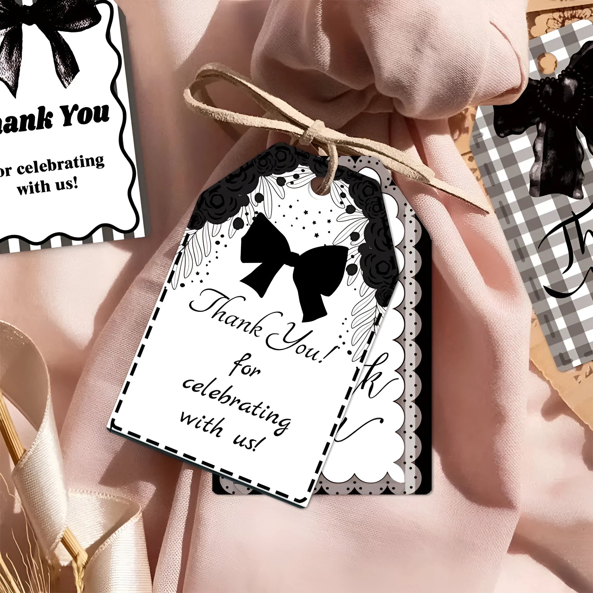Set of 60 birthday gift tags with hemp rope ties in floral, polka dot and striped designs