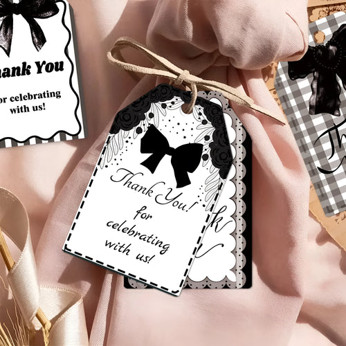 Set of 60 birthday gift tags with hemp rope ties in floral, polka dot and striped designs