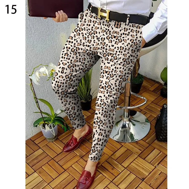 Men's slim-fit plaid casual trousers with 3D printed pattern and elastic waistband