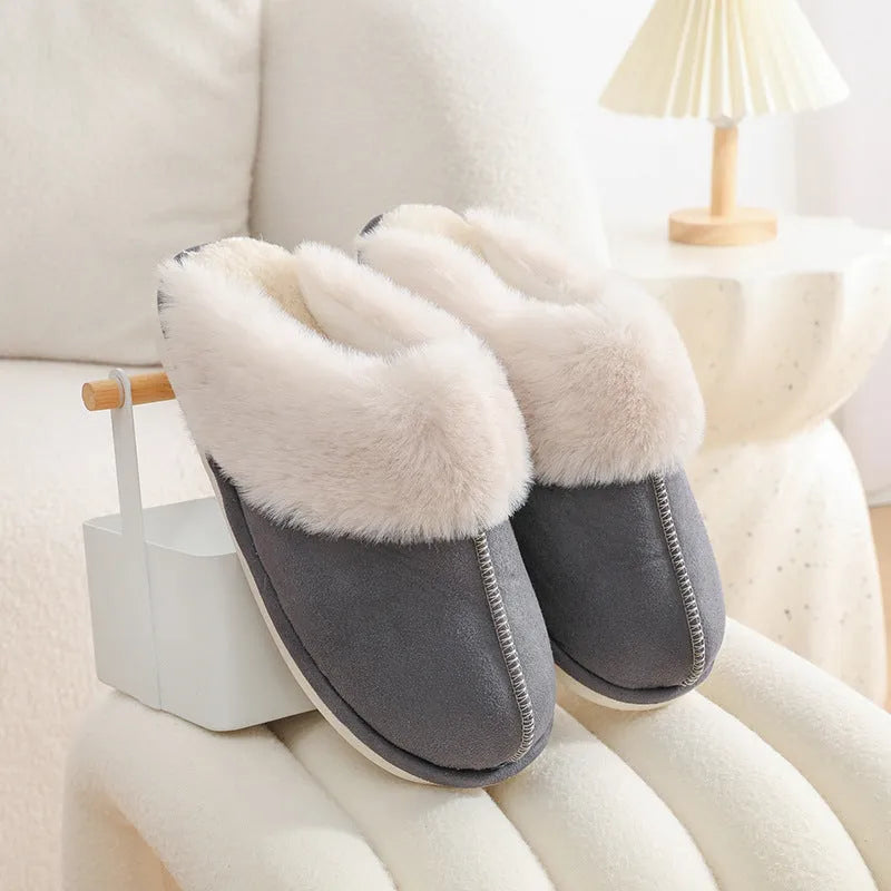Women's brown plush indoor slippers with round toe design and non-slip PVC soles