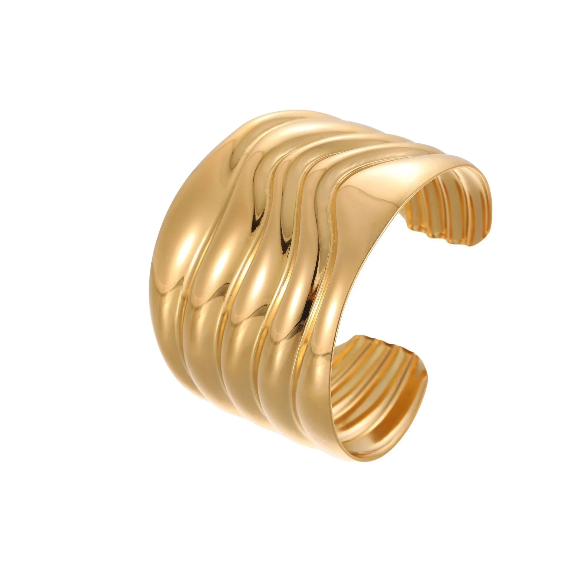 Gold plated stainless steel wide bracelet for women with geometric wave design and niche opening clasp
