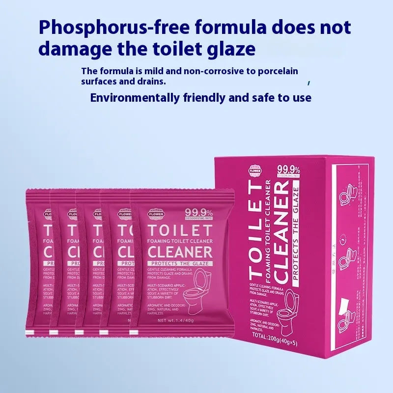 Box and bag of toilet bubble cleaning powder in blue ocean and pink floral fragrance options.