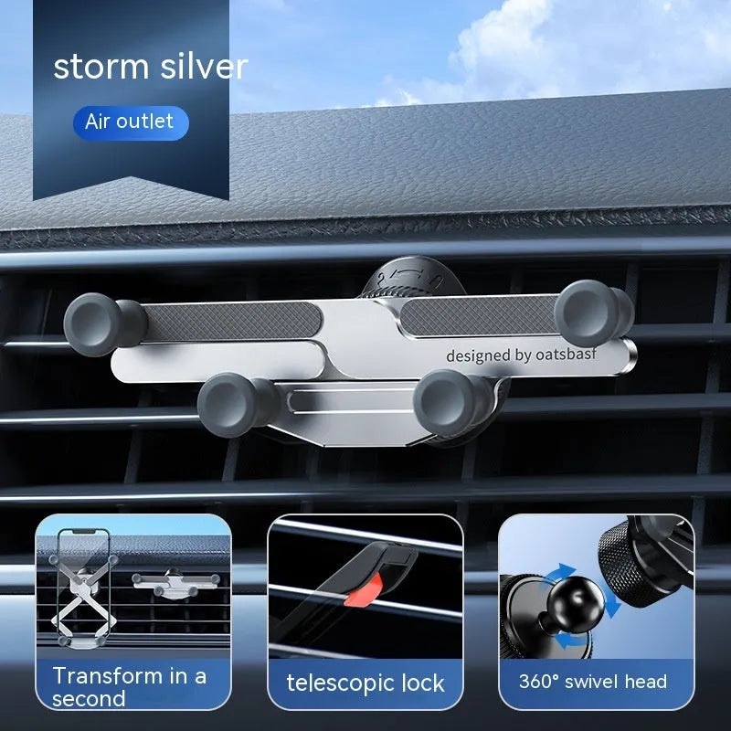Aluminium alloy snap-on car phone holder shown in black, mounted on a car air vent.