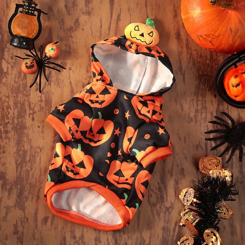 Halloween pet costume showing pumpkin skirt and sweater designs in crystal velvet for dogs and cats